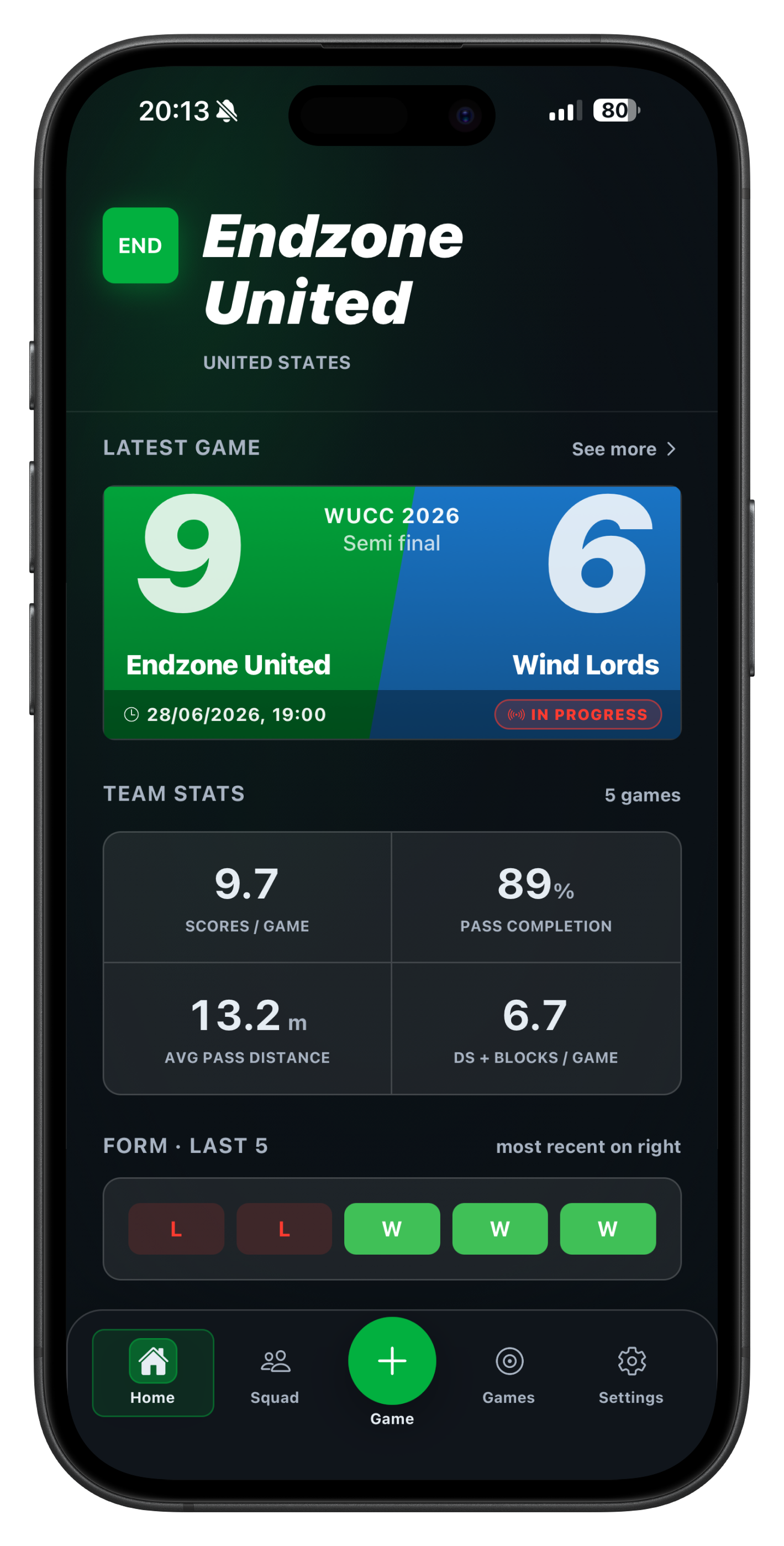 Endzone home screen with team stats and recent form
